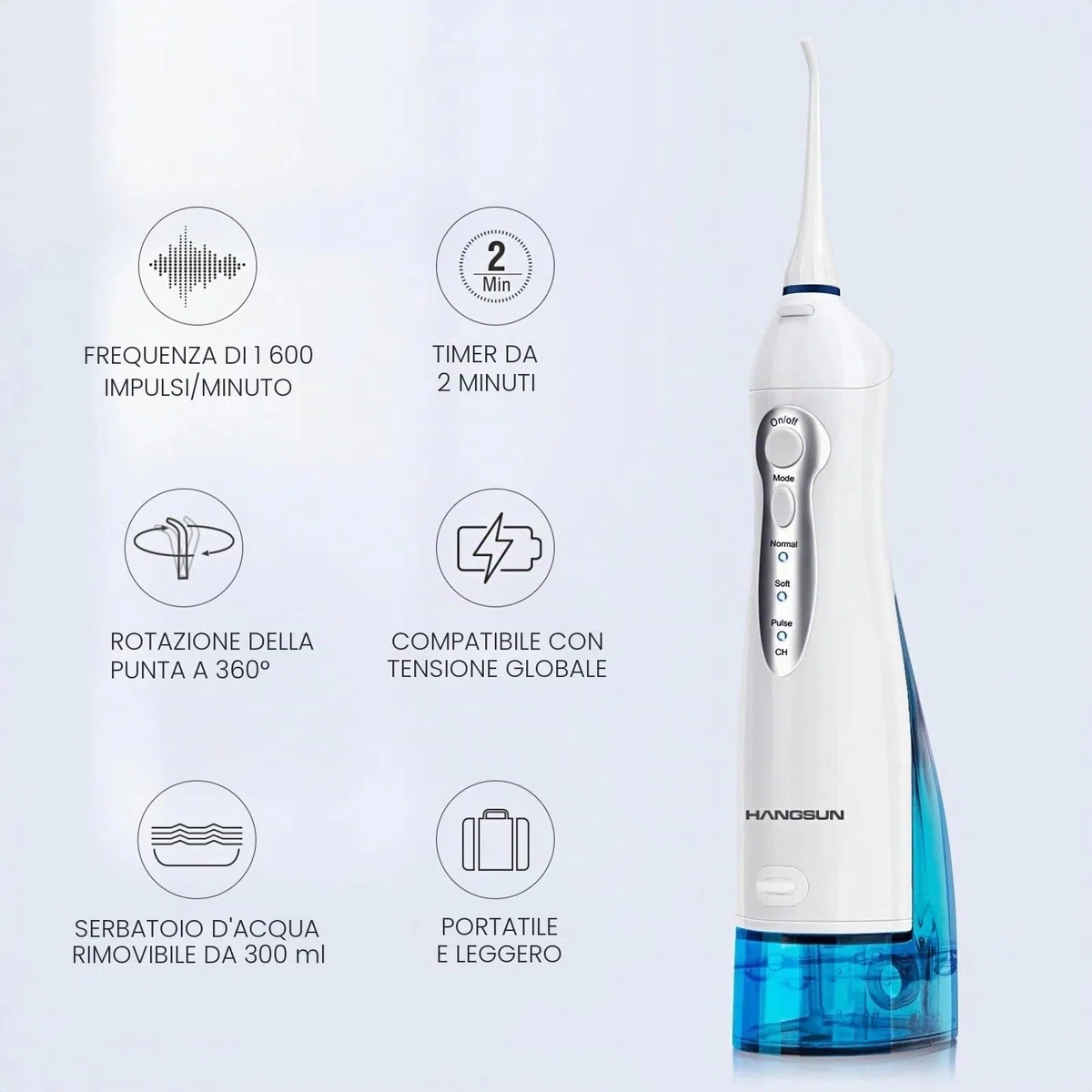 Idropulsore Dentale Portatile con 8 Ugelli Hangsun Irrigatore Dentale, 3 Modalità e Capacità 300ML, USB Ricaricabile per Ortodontico, Famiglia