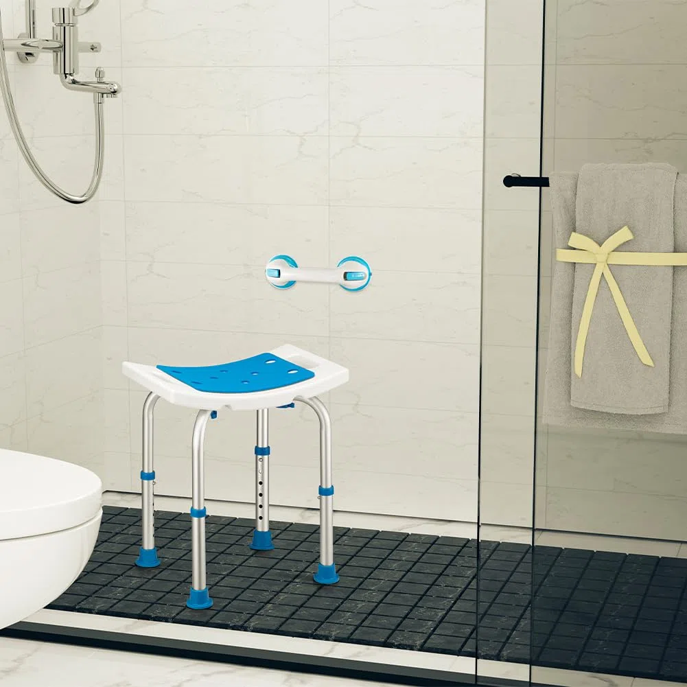 Bakaji Sgabello Bagno in Alluminio Altezza Regolabile Sedile Doccia Sedia Vasca Ausilio per Anziani, Piedini in gomma Antiscivolo, portata fino a 150 Kg, (Rettangolare con maniglia ausiliare)