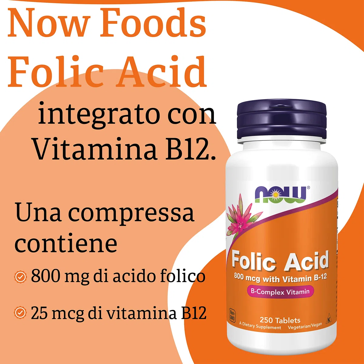 Now Foods, Folic Acid (Acido folico), 800 mcg, 250 Compresse vegane, Testato in Laboratorio, Dose elevata, Vitamina B12, Senza Glutine, Senza Soia, Vegetariano