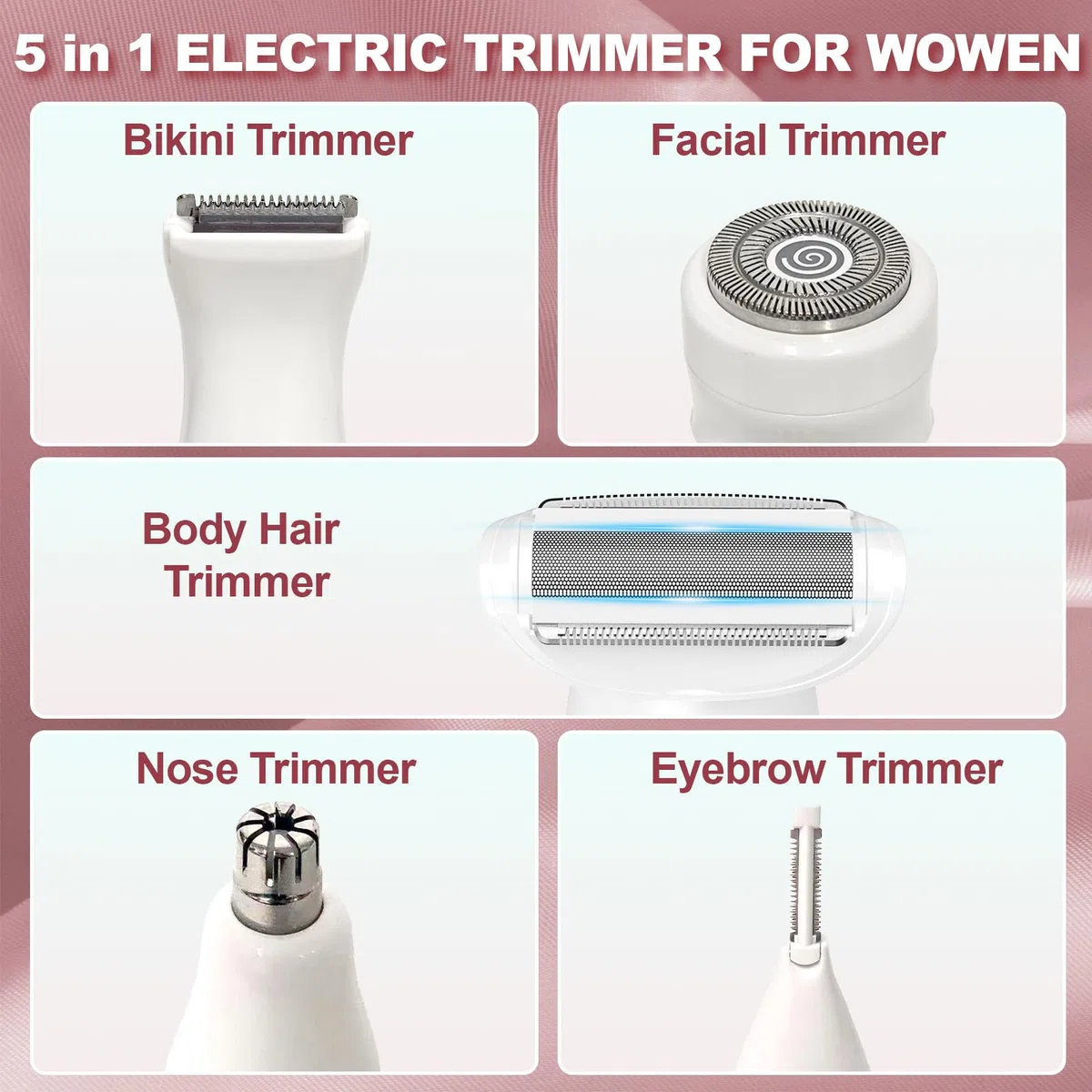 Rasoio Elettrico, 5 in 1 Depilatore Corpo Donna, Epilatore Elettrico Donna IPX7 Impermeabile, Rasoio Parti Intime con Colonnina di ricarica USB, Rasoio Donna per Viso,Corpo,Soprocciglia,Inguine
