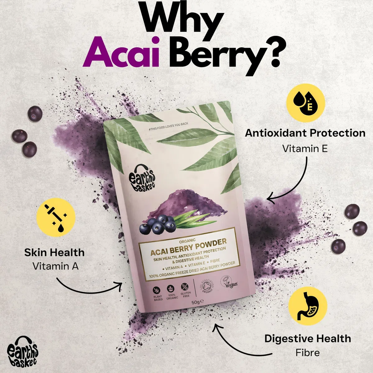 Earth's Basket, polvere di bacche di acai biologiche, precatori di Euterpe liofilizzati, 100% biologica pura e certificata, super alimento antiossidante (100 g)