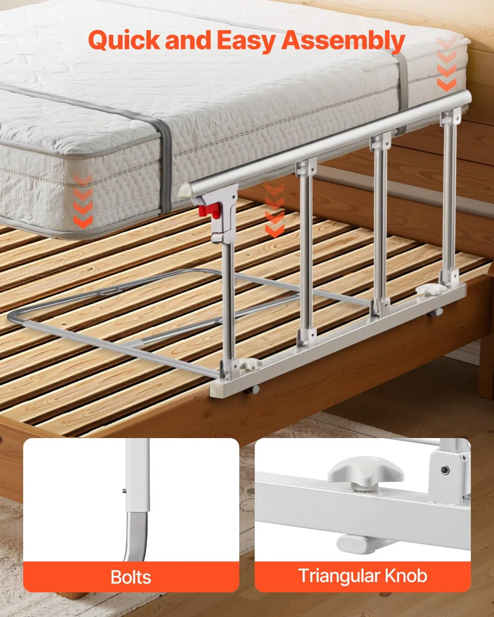 VEVOR Sponda Letto Pieghevole per Anziani, Sponda di Supporto per il Letto da 97 cm in Metallo con Cinghia di Fissaggio, Bastone da Comodino con Tubo Regolabile in Altezza, King, Queen
