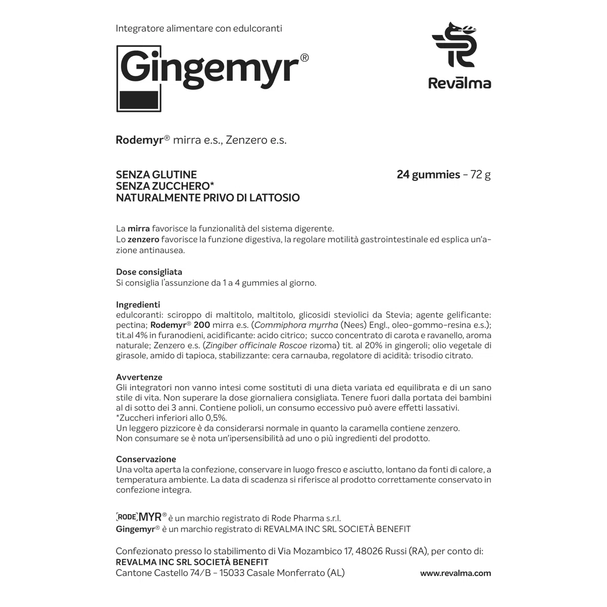 Revalma Gingemyr 24 Gummies - Integratore Alimentare a Base di RodeMyr e Zenzero - Funzione Digestiva ed Azione Antinausea - Senza Glutine