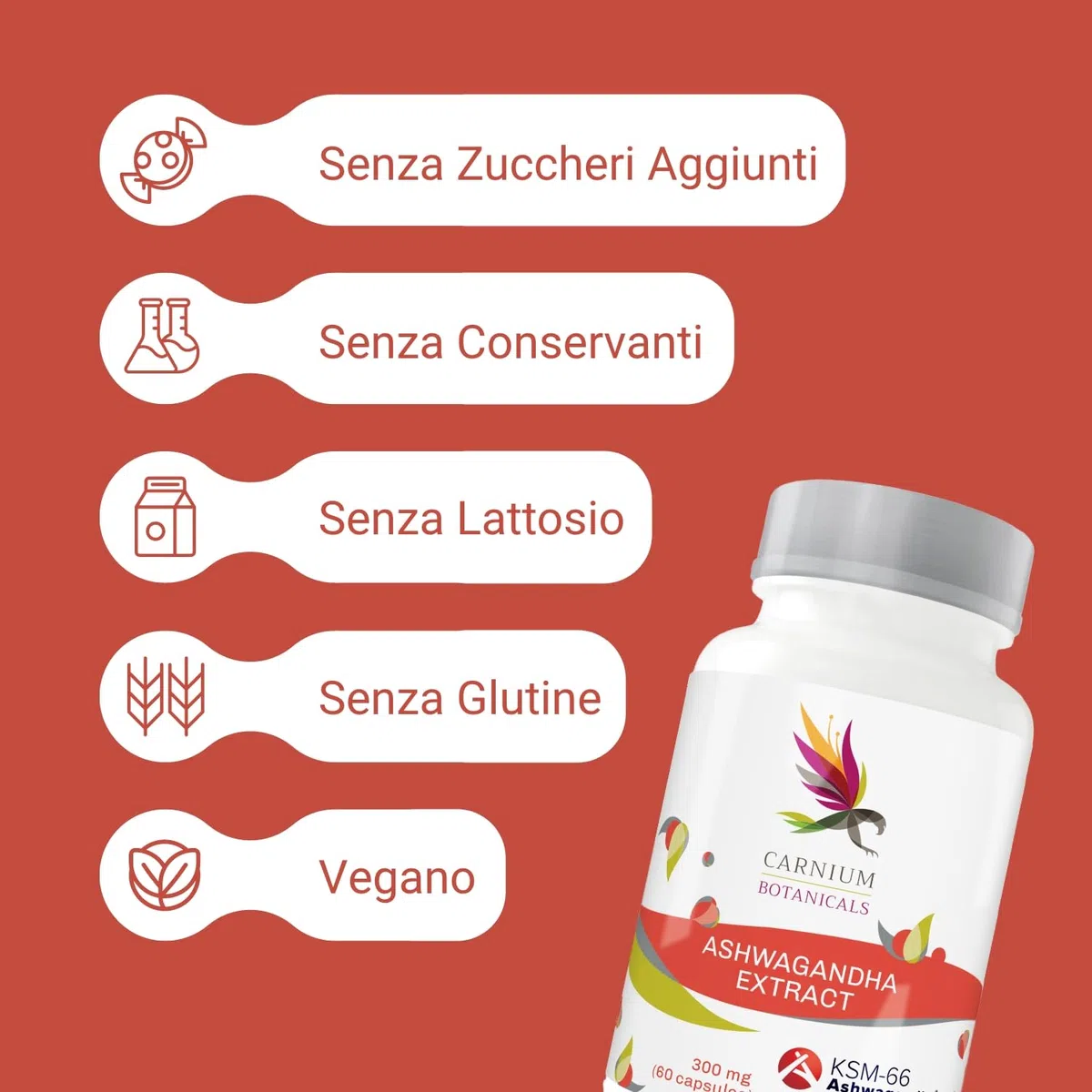 Carnium Botanicals Estratto di Ashwagandha KSM-66 da Radice Pura – Integratore Alimentare ad Alta Concentrazione – 60 Capsule Senza Glutine – Vegano