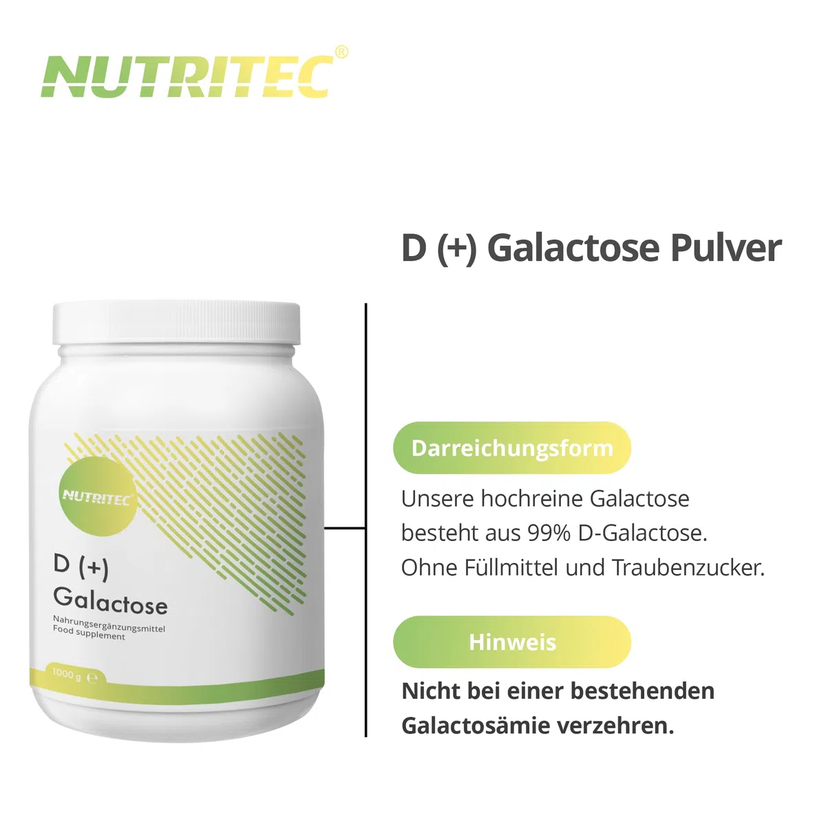 D+ Galattosio Polvere 1000 g - Qualità tedesca, elevata purezza > 99% senza additivi e ingegneria genetica, vegetariana, con misurino - zucchero mucoso, zucchero semplice | Nutritec