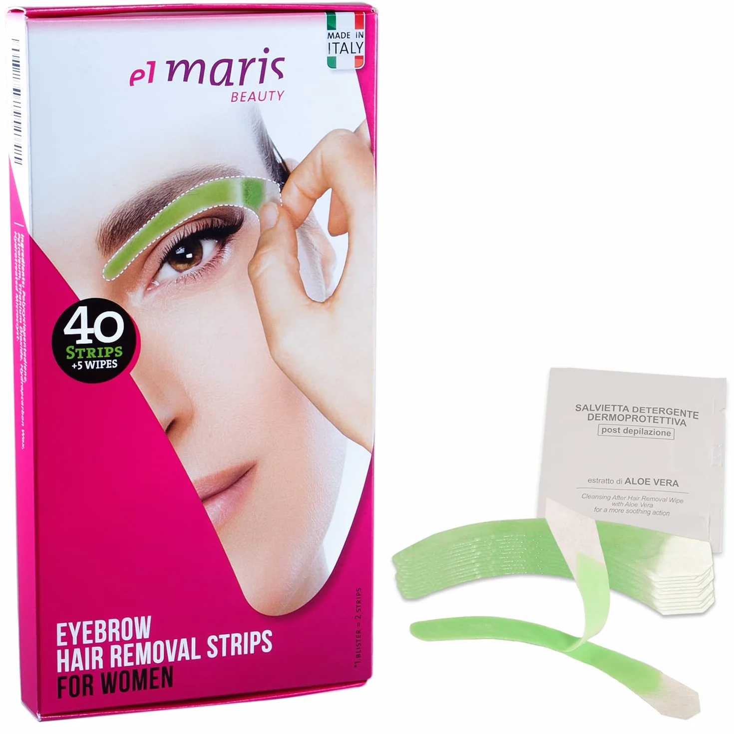 ELMARIS - Strisce Depilatorie Sopracciglia, Delicate e Sagomate Adatte a Tutti i Tipi di Pelle, Semplici da Utilizzare a Casa, Veloci - 40 Strisce