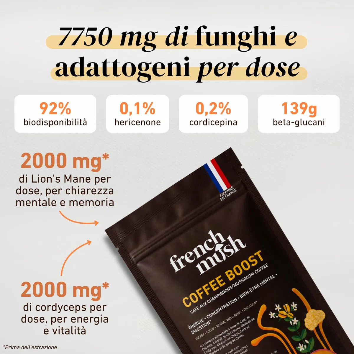French Mush BOOST - Caffè Bio con Funghi | Caffè, Cicoria, Lion’s Mane, Chaga, Maitake & Pleurotus | Bevanda Vegetale - Senza Zuccheri Aggiunti - Prodotto in Francia - 20 Dosi