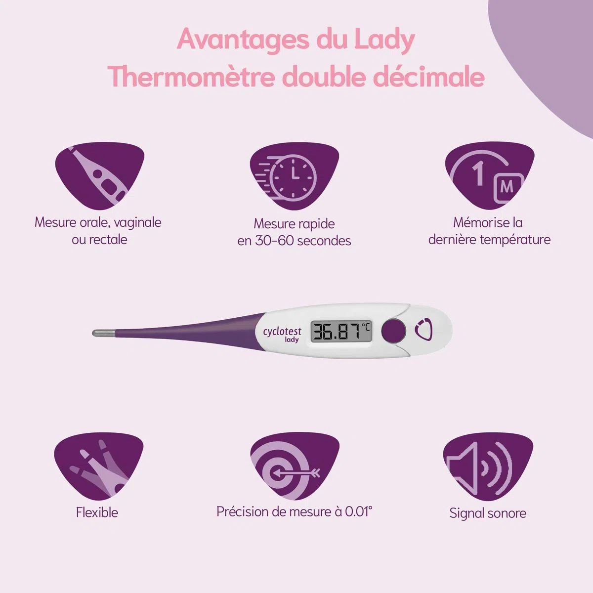 Cyclotest Lady - Termometro basale a doppio decimale, misura con precisione, sonda confortevole e flessibile, inclusa custodia e foglio di monitoraggio