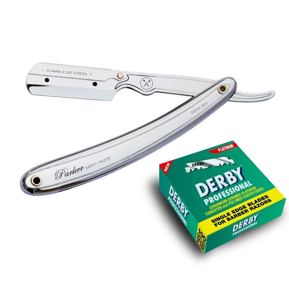 Rasoio a mano libera Parker 31R con 100 lamette da barba derby professional