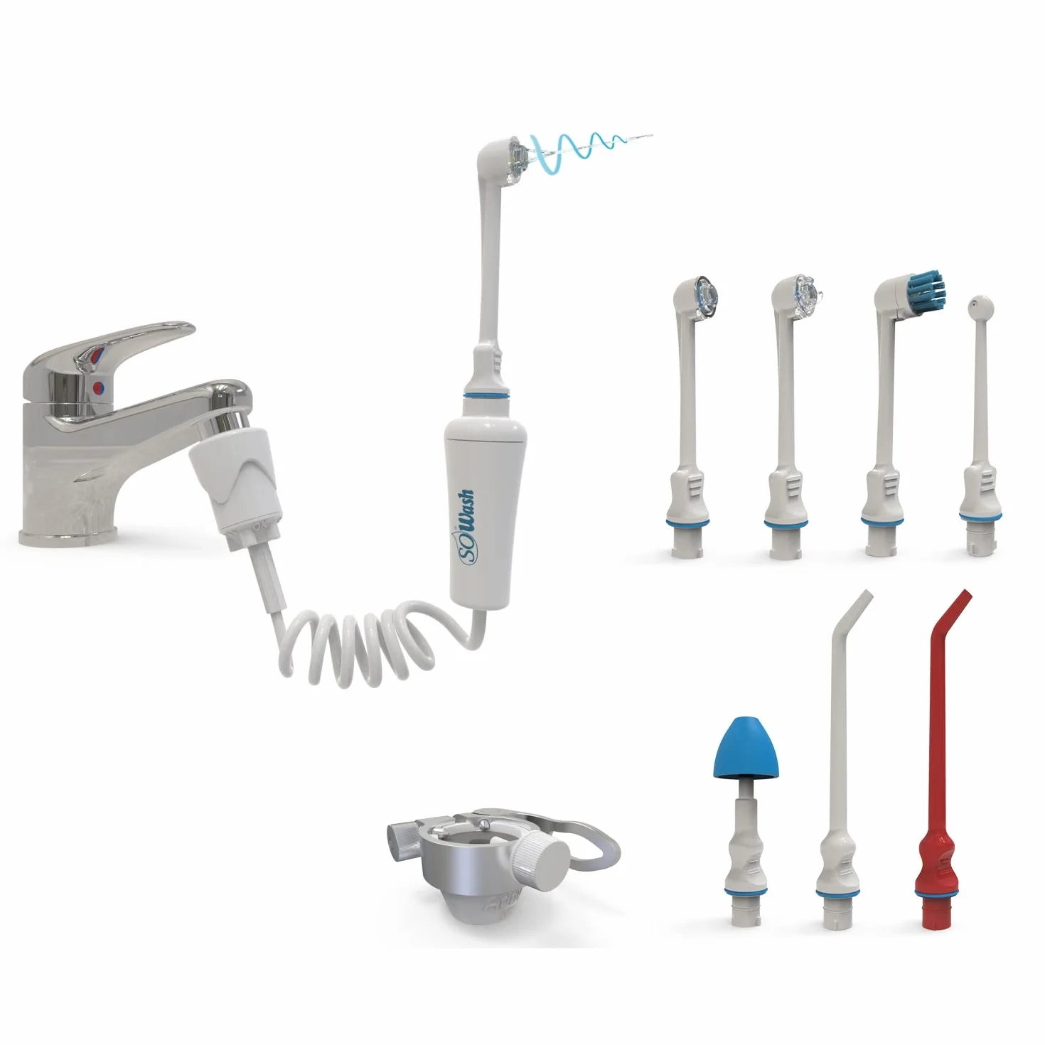 Idropulsore Dentale SoWash | Deluxe | Si Collega al Rubinetto | Irrigatore Orale Senza Batterie e Elettricità | Include 7 Testine tra cui 3 test.Vortice + Adattat.da Viaggio Addy | Prodotto Italiano
