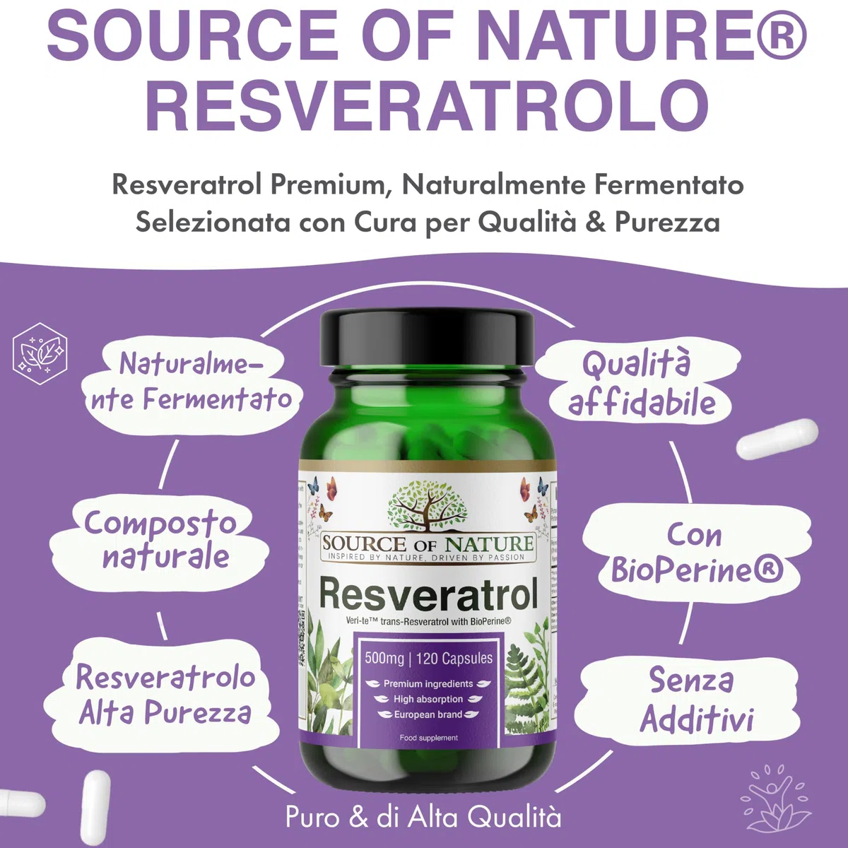 Trans-Resveratrolo 500 mg | 120 capsule vegane | Alta dose | Purezza 98% | Fermentato naturalmente | Con piperina | Testato in laboratorio | Qualità premium