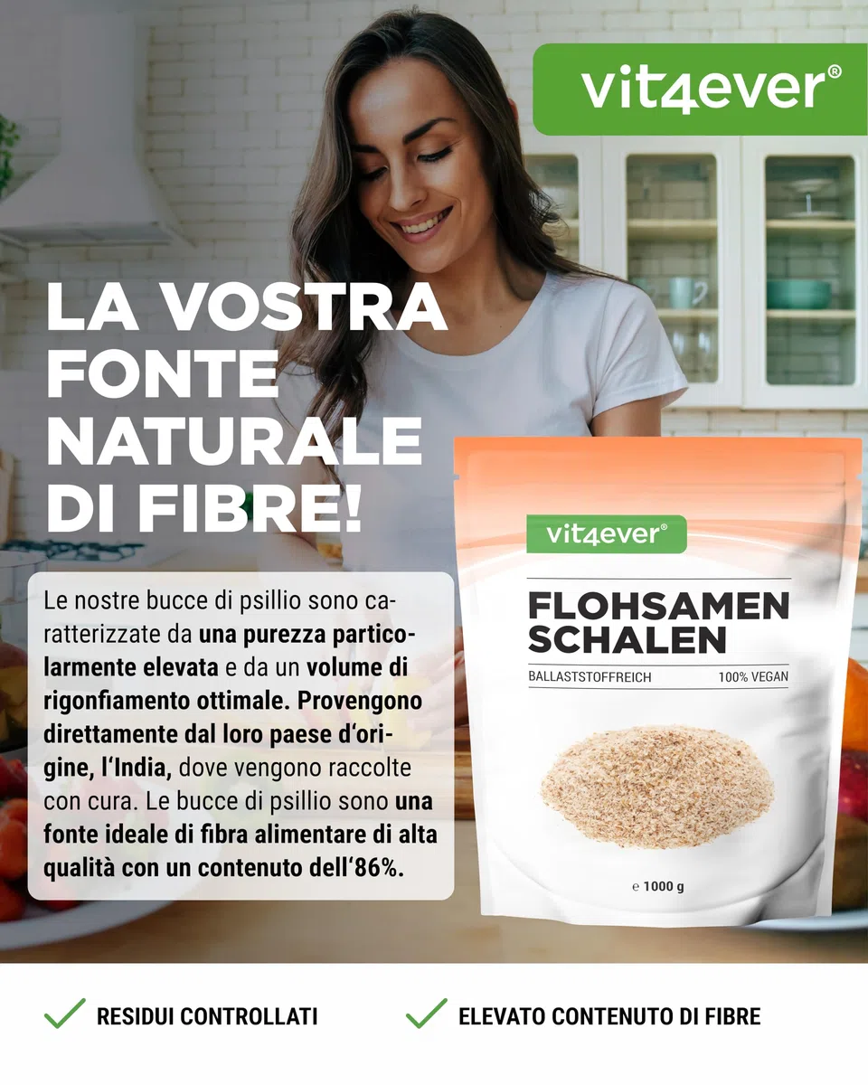 Psyllium husks 1 kg - 1000 g - Residui controllati - Purezza 99% - Origine: India - Low carb - Alta fibra - Senza additivi - Vegan