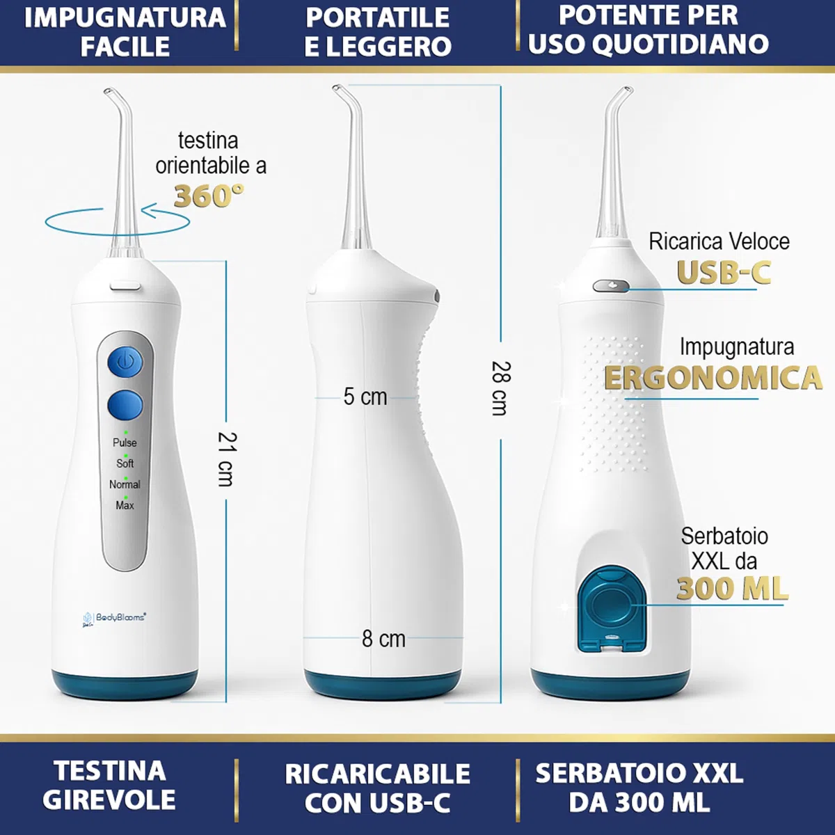 Idropulsore Dentale Portatile DENTAL V-PRO da 300ml. Idropulsore denti,alta pressione con 5 ugelli +1 specchio per pulizia denti profonda. Water flosser Impermeabile. Irrigatore Orale pulizia profonda