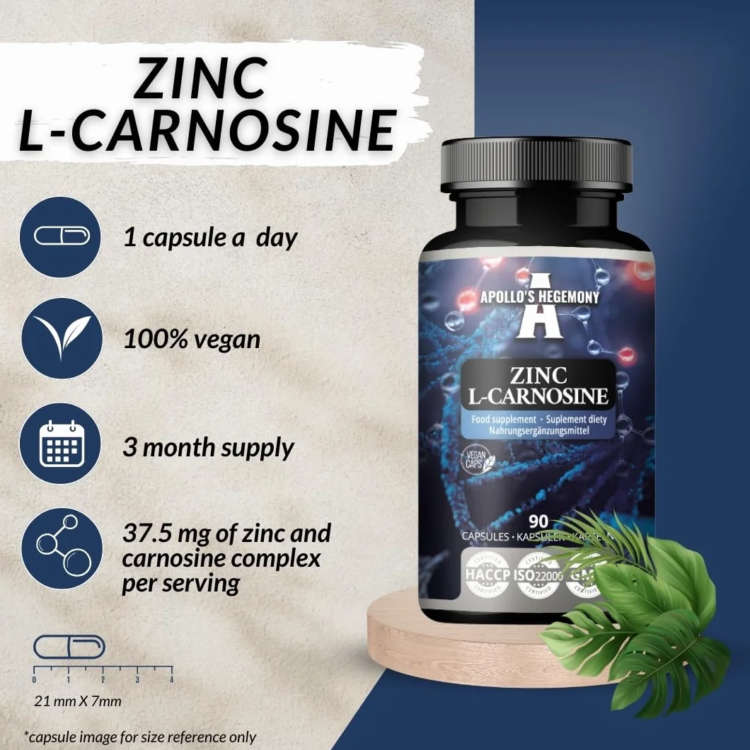 Zinco L-Carnosina 37,5 mg per capsula - 90 capsule vegane - 3 mesi di fornitura - Per la salute di pelle, capelli e unghie - Integratore da Apollo's Hegemony