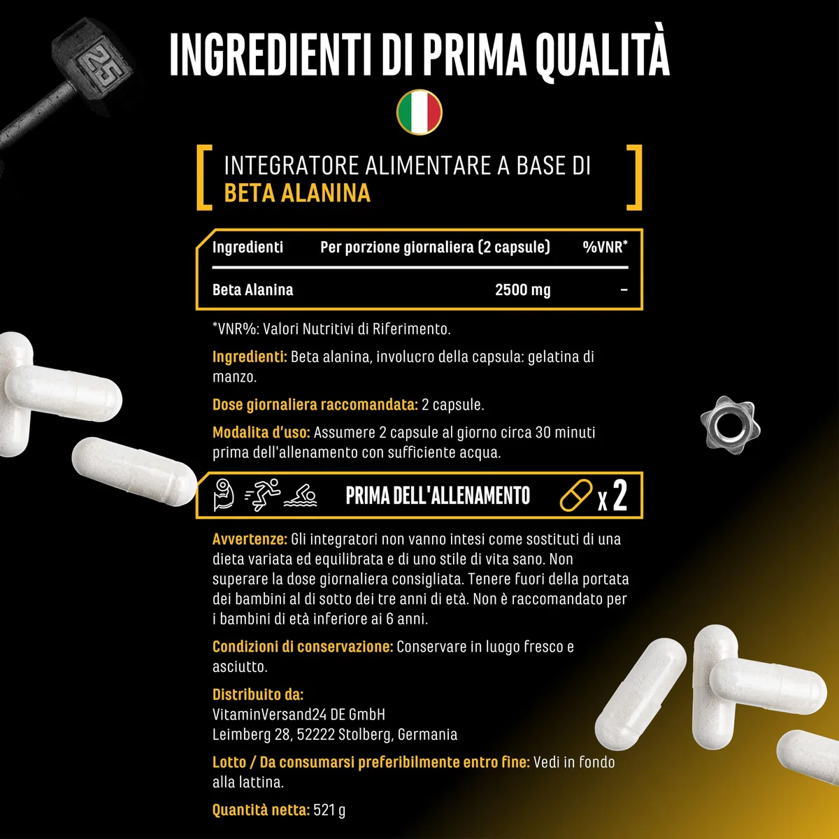 Beta Alanina Ultra Caps - 365 capsule - Dosaggio elevato con 1250 mg per capsula - Beta Alanina aminoacido con purezza del 99% - Senza additivi indesiderati