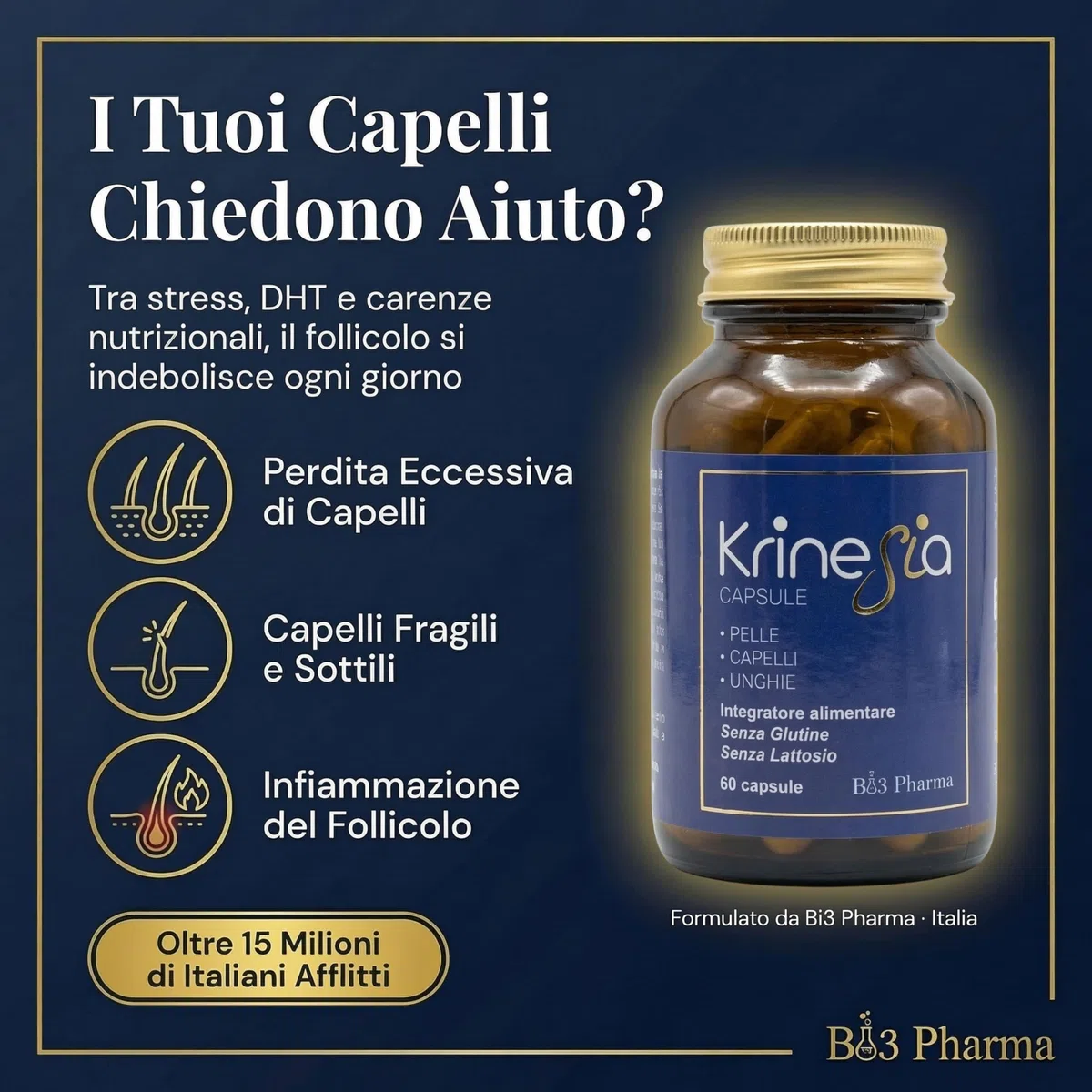 Krinesia Integratore Per Capelli Pelle Unghie 60 Capsule | Biotina Zinco Selenio con Serenoa Repens, Reishi, Miglio ed Equiseto | Supporto Capelli Fragili e Caduta da Stress | Made in Italy