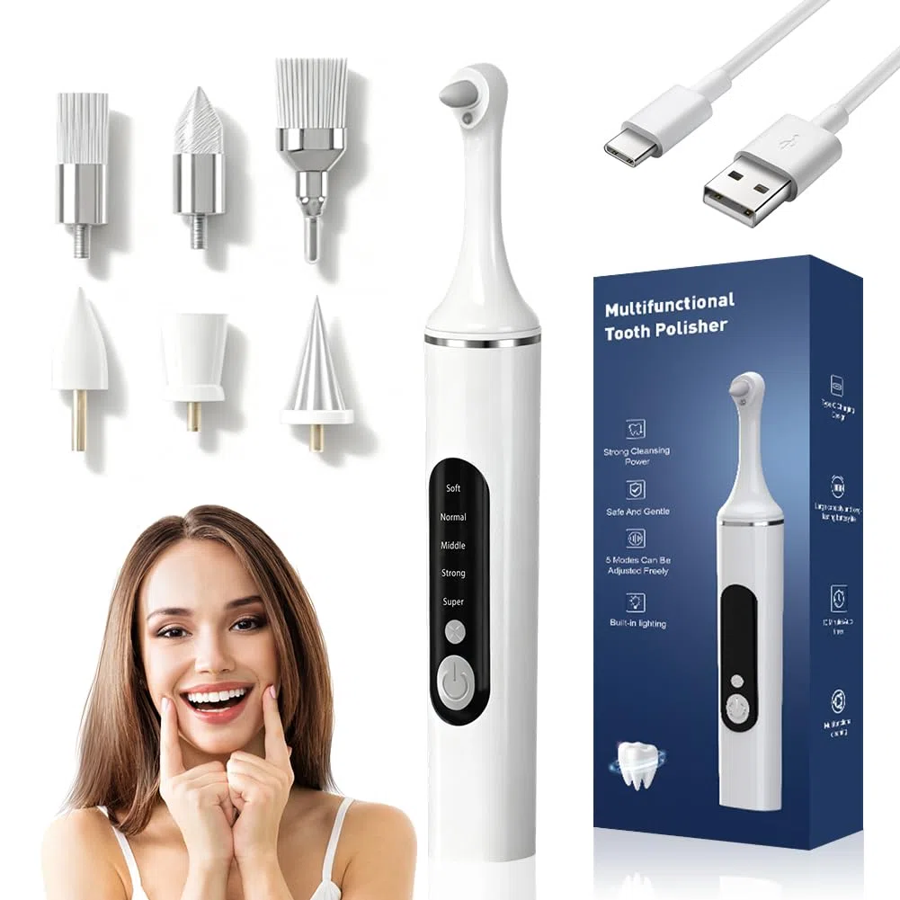 Rimozione del tartaro con 5 teste, lucidatore dentale, set professionale con 5 modalità di pulizia dei denti e sbiancamento dei denti, per lucidare dopo la pulizia dei denti (bianco)