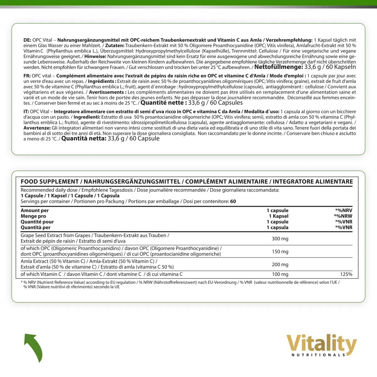 Estratto di Semi d'Uva, OPC, Estratto di Amla e Vitamina C. Integratore di Uva Francese Pregiata. Anti-invecchiamento, Antiossidanti. Senza Additivi. Vitality Nutritionals by VitaminExpress