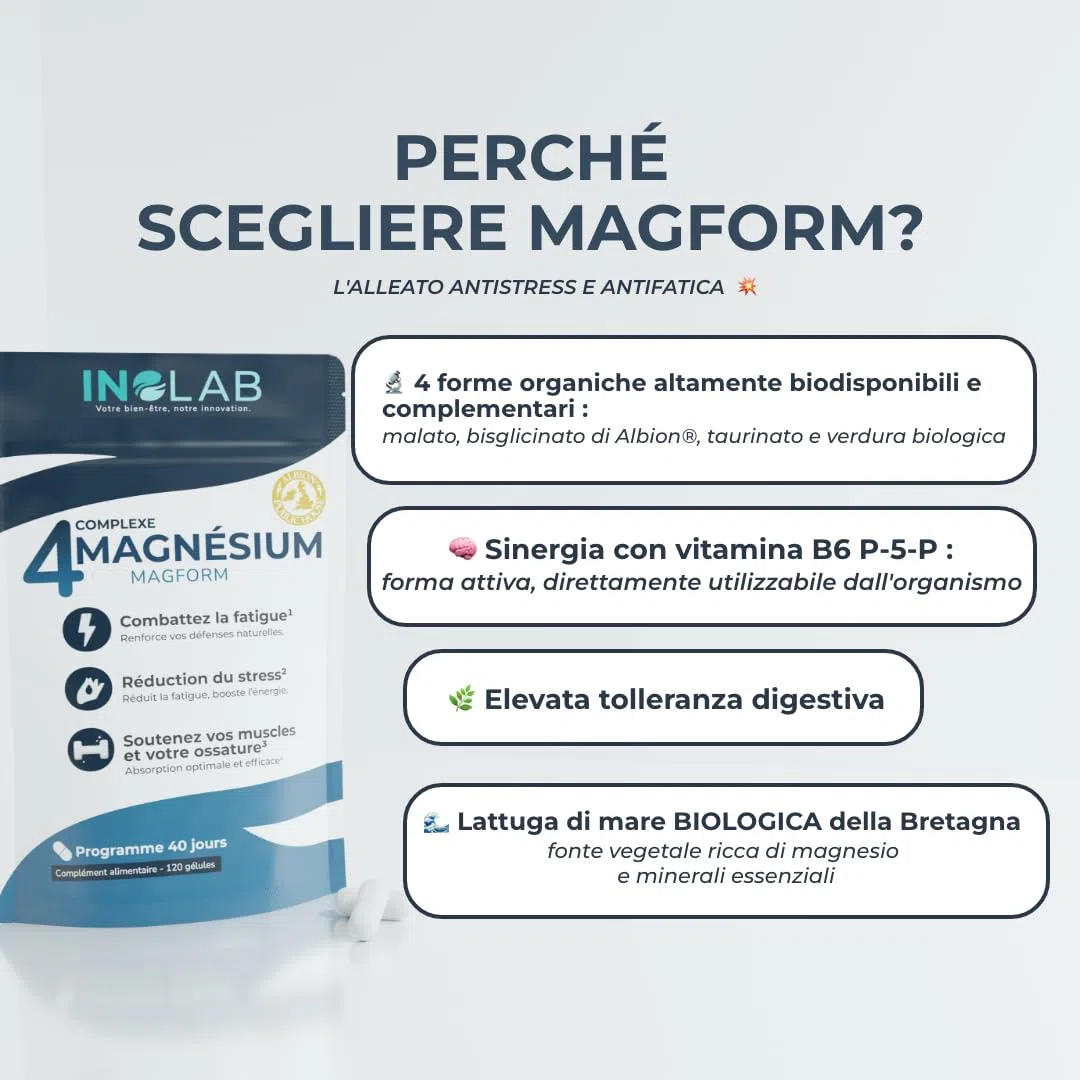 INOLAB Magnesio Completo 1980mg + B6 | 4 Forme Sinergiche: Magnesio Bisglicinato, Malato, Vegetale, Taurina Chelata | Alta Assimilazione e Tolleranza | 120 Capsule Senza Magnesio Marino