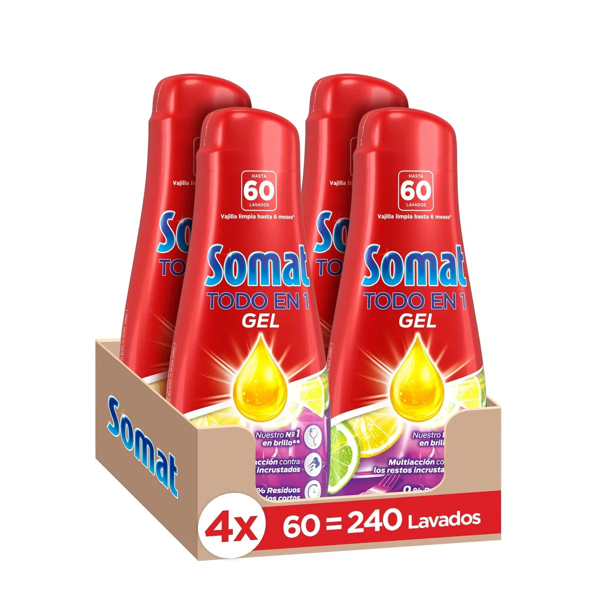 Somat Tutto in 1 Gel Lavastoviglie Limone e Limone – Confezione da 4 – Totale: 240 lavaggi (4,32 l)