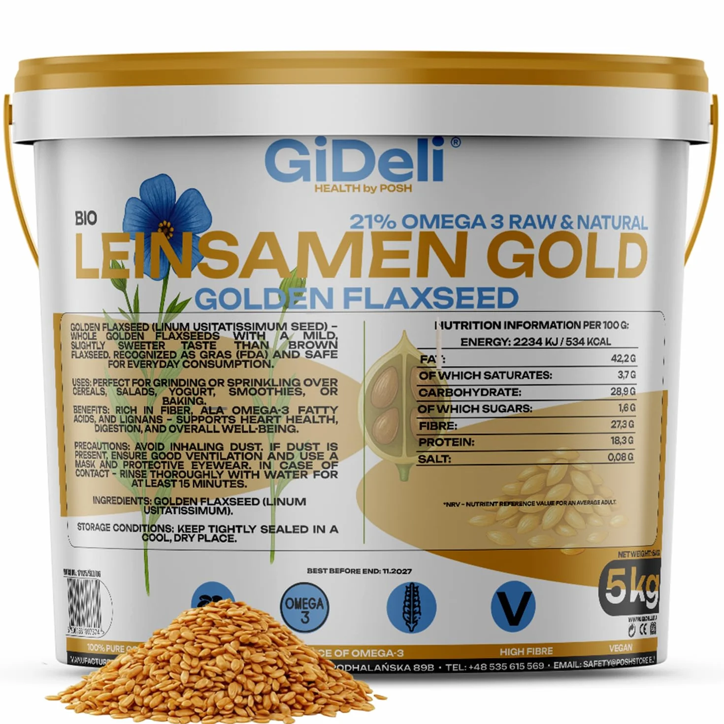 GiDeli Semi di lino dorati 5 kg Semi grezzi interi Omega-3 e fibre, ideali per frullati, cereali, cottura e insalate (5000 g)