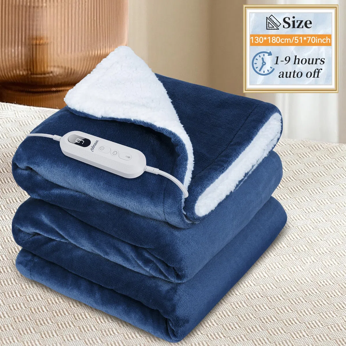 Coperta Elettrica con Spegnimento Automatico con 10 Livelli di Riscaldamento e 9 Timer di Protezione Contro il Surriscaldamento Coperta Elettrica per Casa Ufficio Lavabile (180x130cm)