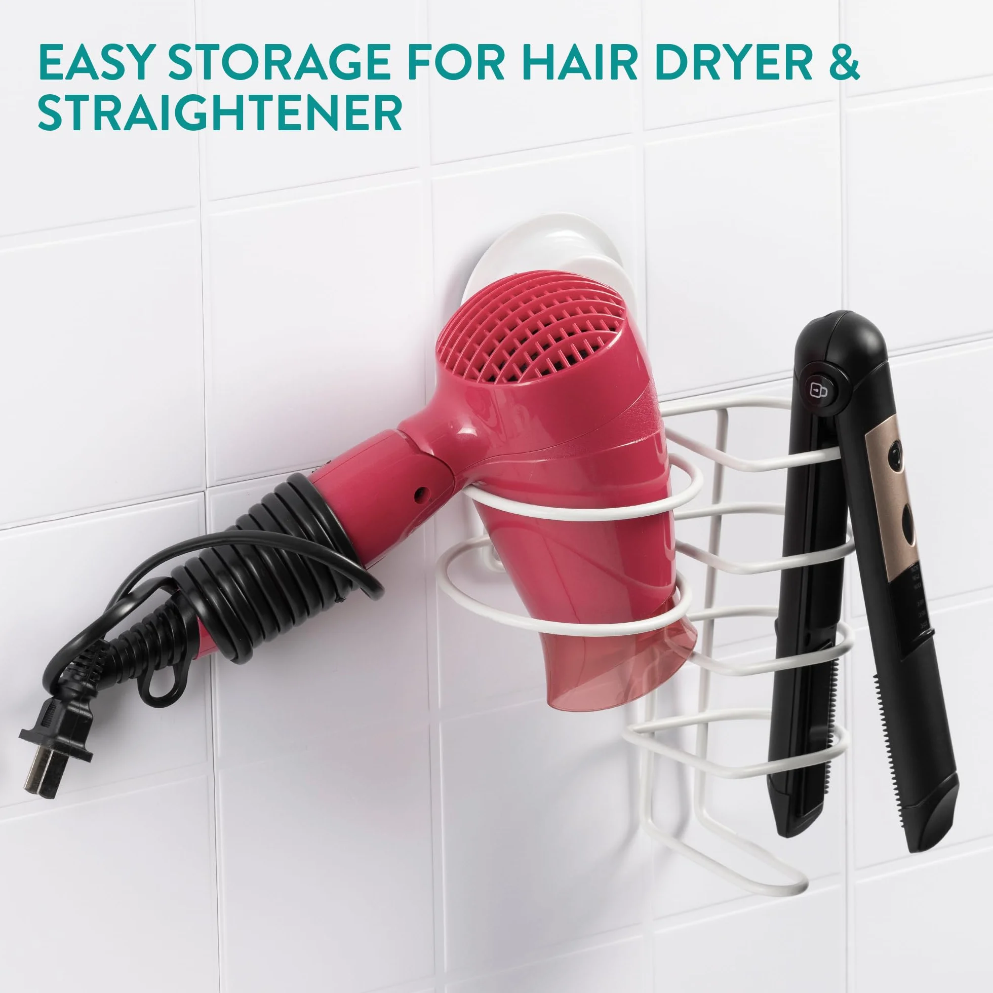 Navaris Porta Phon Piastra con Ventosa Ø 8 cm - Cestino Adesivo Muro/Vetro Cura Capelli - Porta Asciugacapelli Portapiastra Cromato per Parrucchieri - Senza Foratura - Bianco