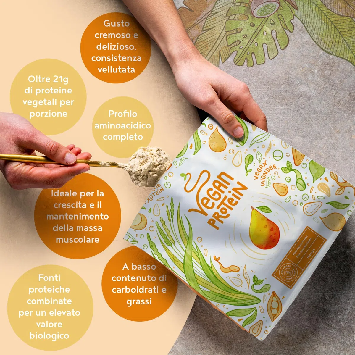 Proteine in Polvere Vegane | Gusto Mango | 21g Proteine Vegetali Isolate in Polvere di Pisello e Riso | Massa Muscolare | 600g Vegan Protein Powder | Alpha Foods