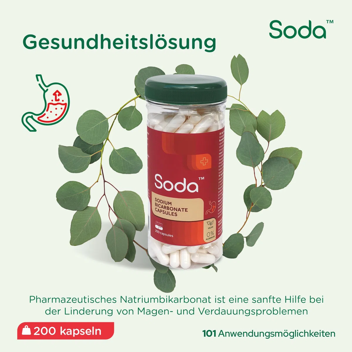 Soda Sodron Capsule - 100% idrogenocarbonato di sodio per sostenere l'equilibrio acido-base, Detox, cura orale e sport, 200 capsule in 1 flacone