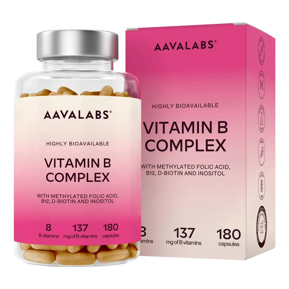 Vitamina B Complex Alto Dosaggio Vegan | 180 Capsule [6 Mesi] Vitamine B: Vitamina B1, B2, B3 (Niacina), B5, B6, B8 (Biotina), Vitamina B12 e Acido Folico Attivo (B9 Metilfolato), Inositolo e Colina
