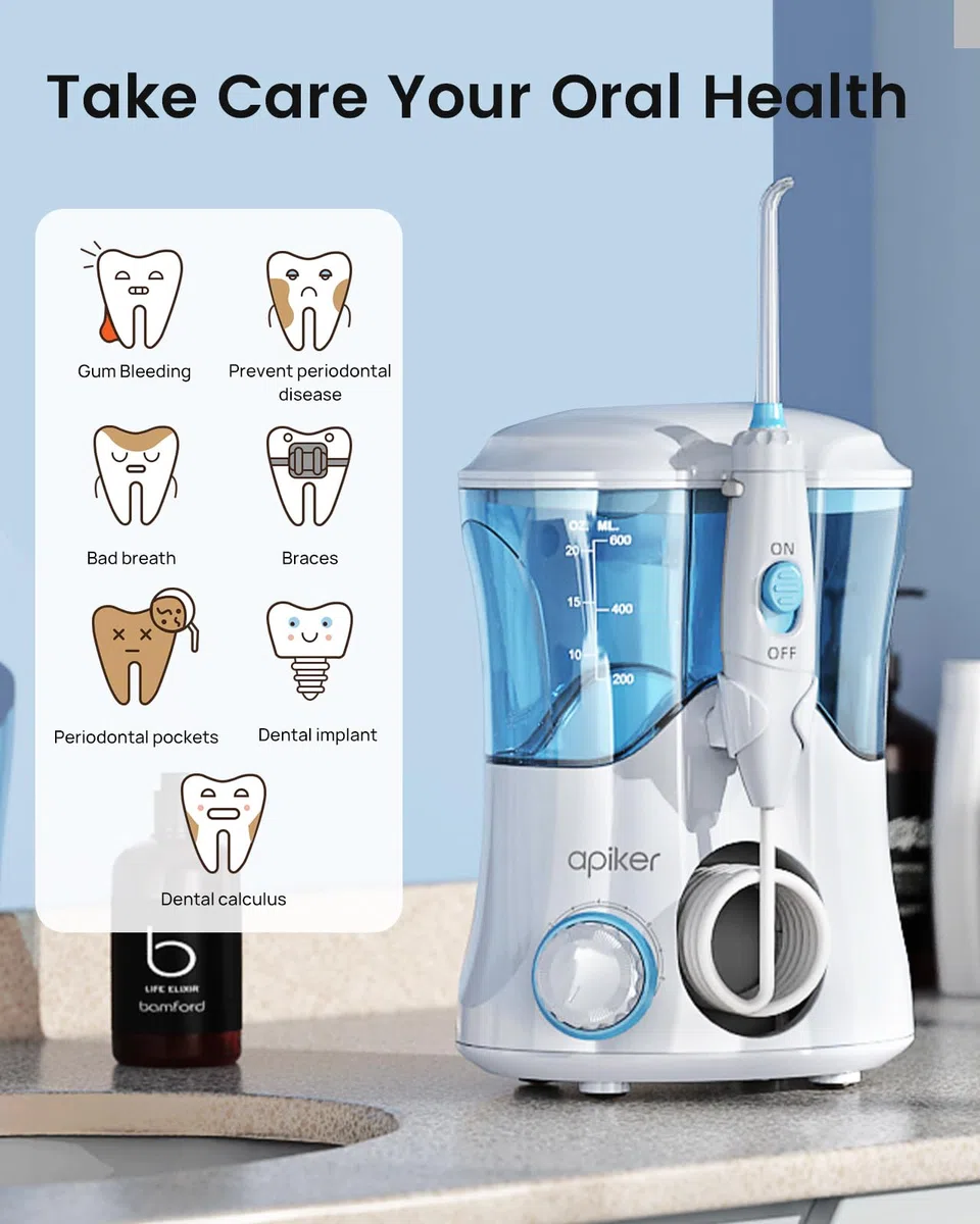 Apiker Idropulsore Dentale Professionale 600ml Irrigatore Dentale con 10 Impostazioni per Pressione dell’Acqua e 8 Beccucci Multifunzione Water Flosser IPX7 Cura Famiglia e Viaggi, Bianco