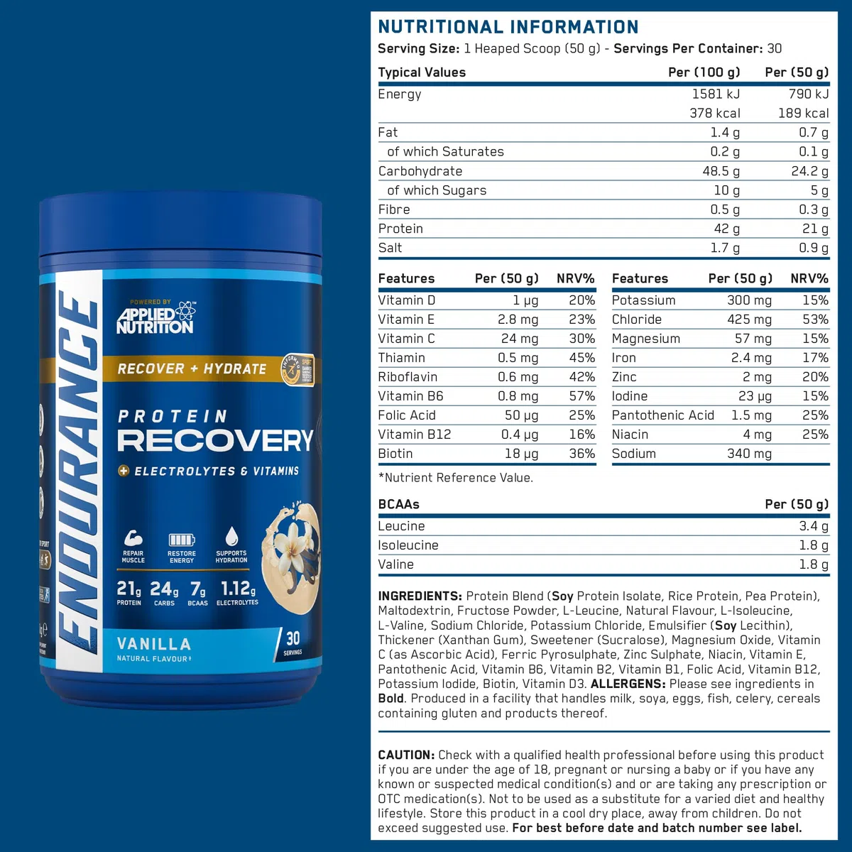 Applied Nutrition Endurance Protein Recovery Vaniglia 1,5 kg con Carboidrati, Elettroliti, BCAA, Vitamine e Minerali - 30 Porzioni - Senza Glutine, Lattosio e Noci - Recupero Muscolare