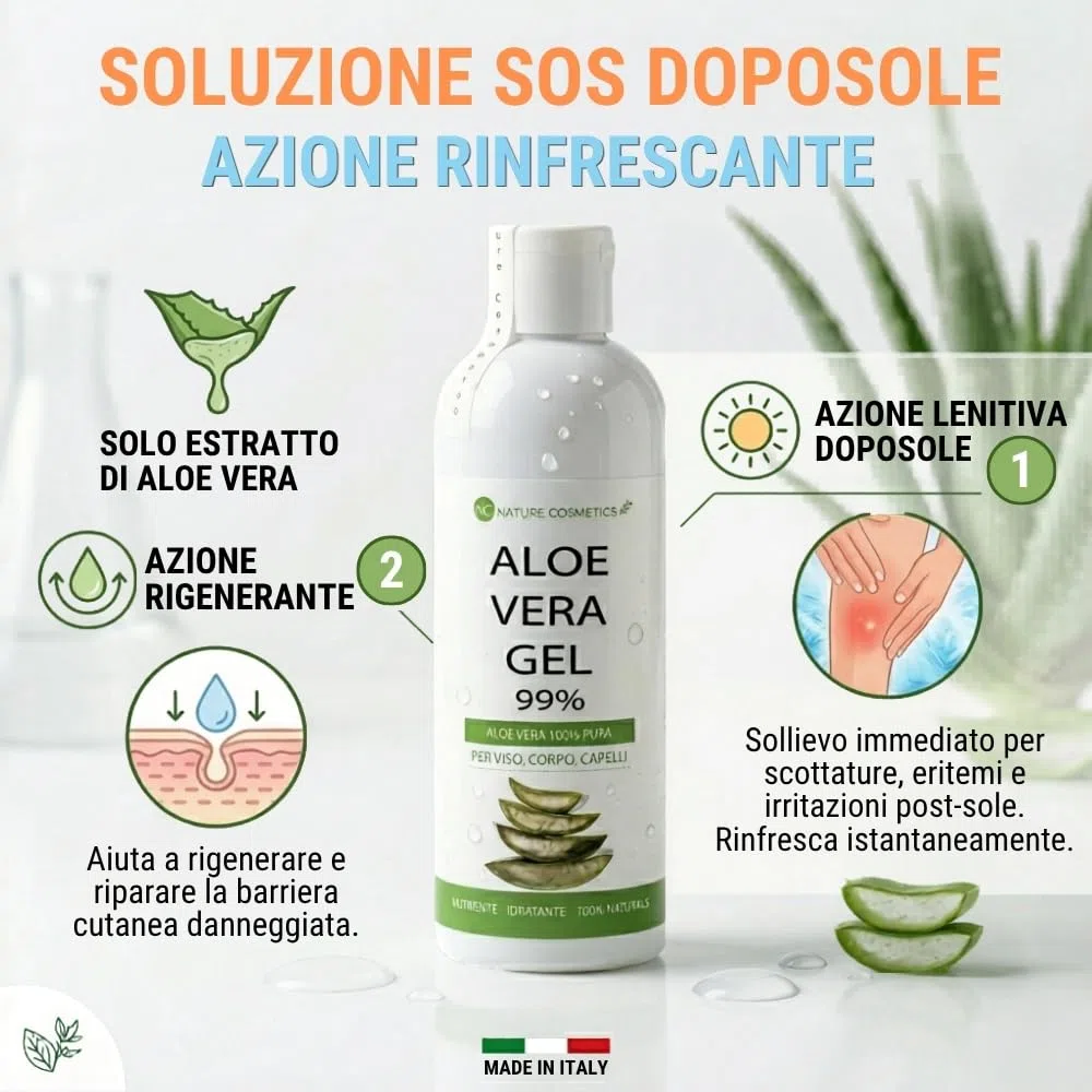 Aloe Vera Gel Puro, da coltivazione biologica. Per Viso, Corpo e Capelli. Idratante, rinfrescante post scottature solari, post depilazione e rasatura.(Confezione da 2 x 200 ml)