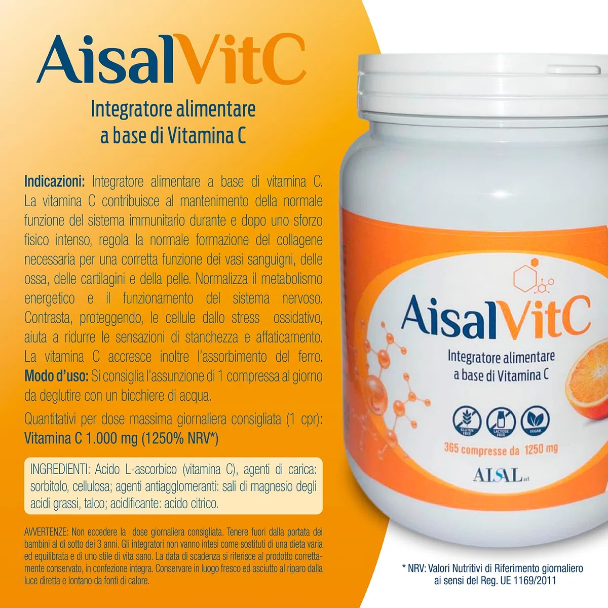 AisalVitC Vitamina C 1000mg a compressa, 365 Compresse (12 mesi a 1000mg vit c al giorno) Integratore Difese Immunitarie per adulti, Vit C a lento rilascio senza aggiunta additivi inutili.