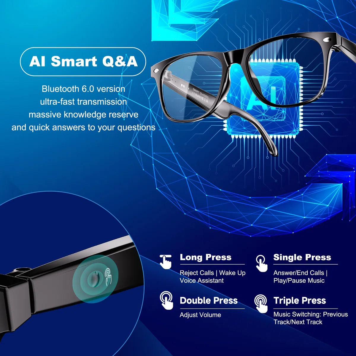 Occhiali Smart Bluetooth per Donna e uomo, Occhiali Bluetooth con Altoparlante a Orecchio Aperto, Controllo Vocale, Traduzione AI