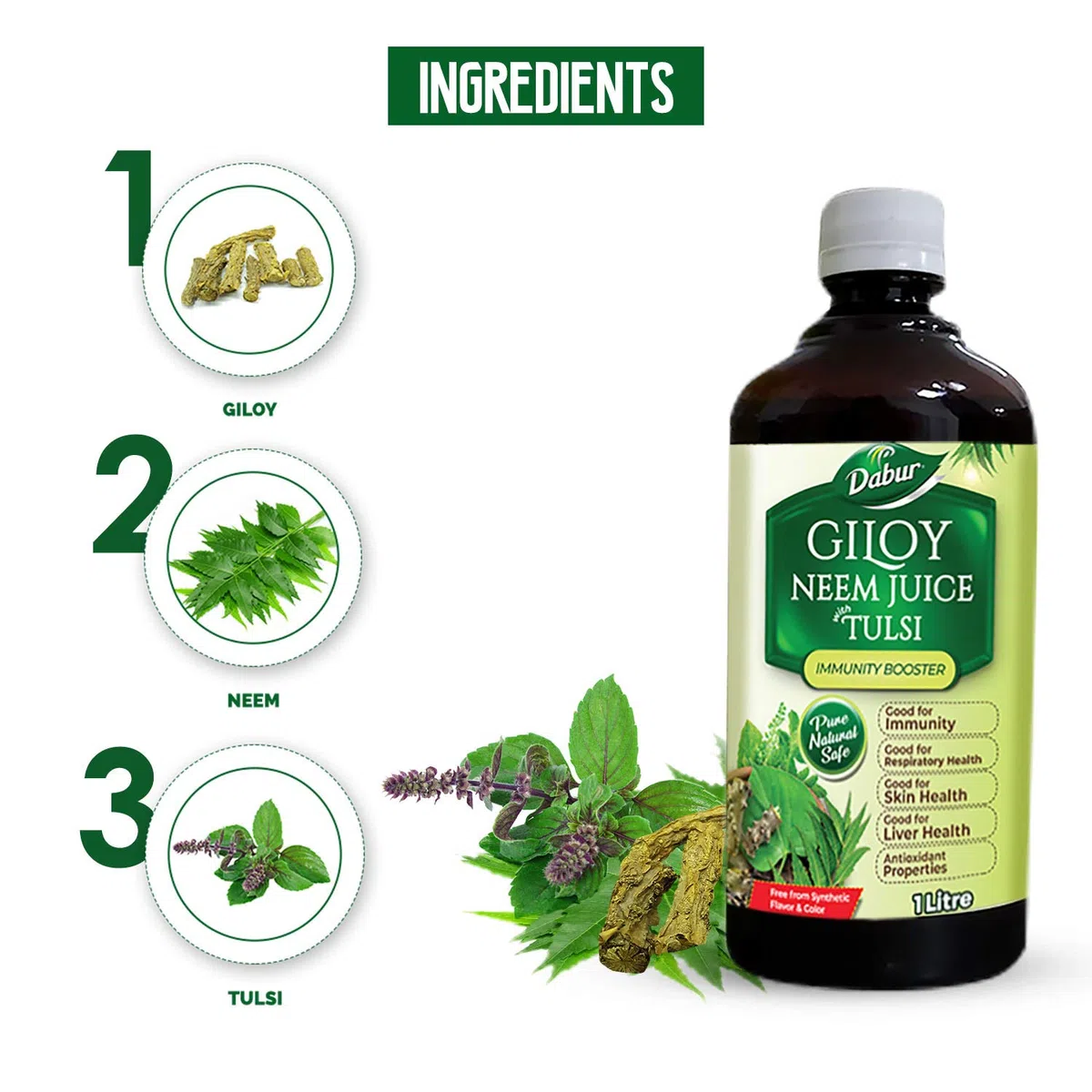 Dabur Succo di Giloy Neem Tulsi: Beneficio dei Booster di Immunità 3 in 1 con il potere di Giloy, Neem e Tulsi|Succo Puro, Naturale e Ayurvedico al 100% -1L