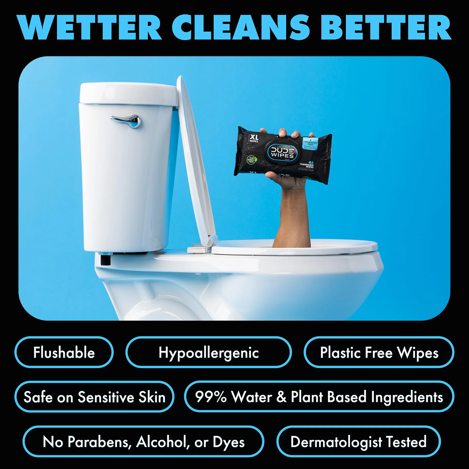 Dude Dispenser Salviette Gettabili Nel WC (3 Confezioni da 48 Pezzi) - Umidificate con Vitamina E e Aloe per Uso Domestico - Sicure per Fosse Settiche e Fognature
