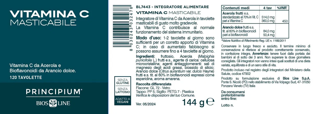 BIOS LINE Principium Vitamina C Masticabile, Integratore Alimentare Naturale di Vitamina C, Gusto Amarena, 120 Tavolette Masticabili