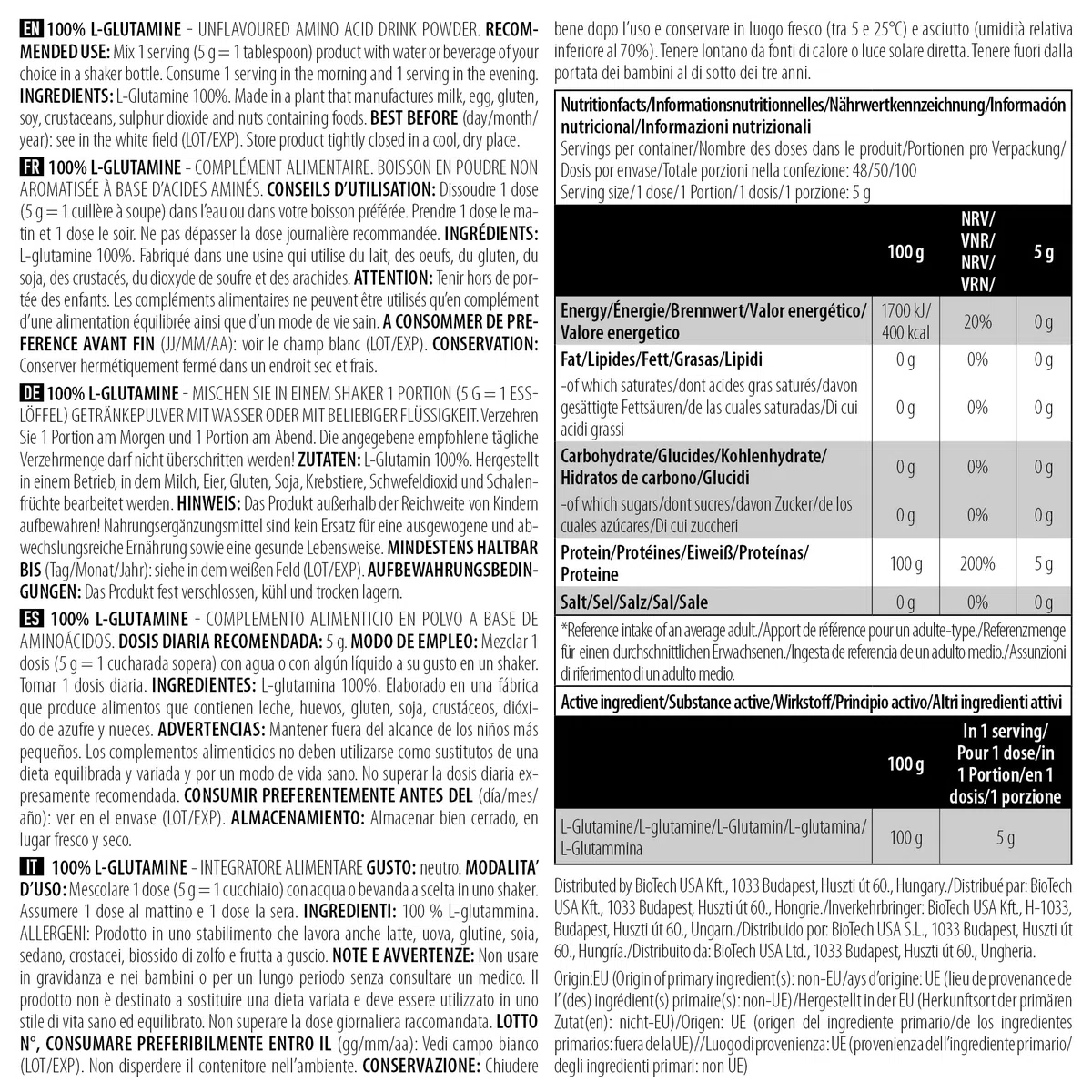BioTechUSA 100% L-Glutamine | 5.000 mg di aminoacidi puri | Senza sapore | Senza zucchero | Ideale per gli appassionati di fitness e gli atleti agonisti | 240 g | Non aromatizzata