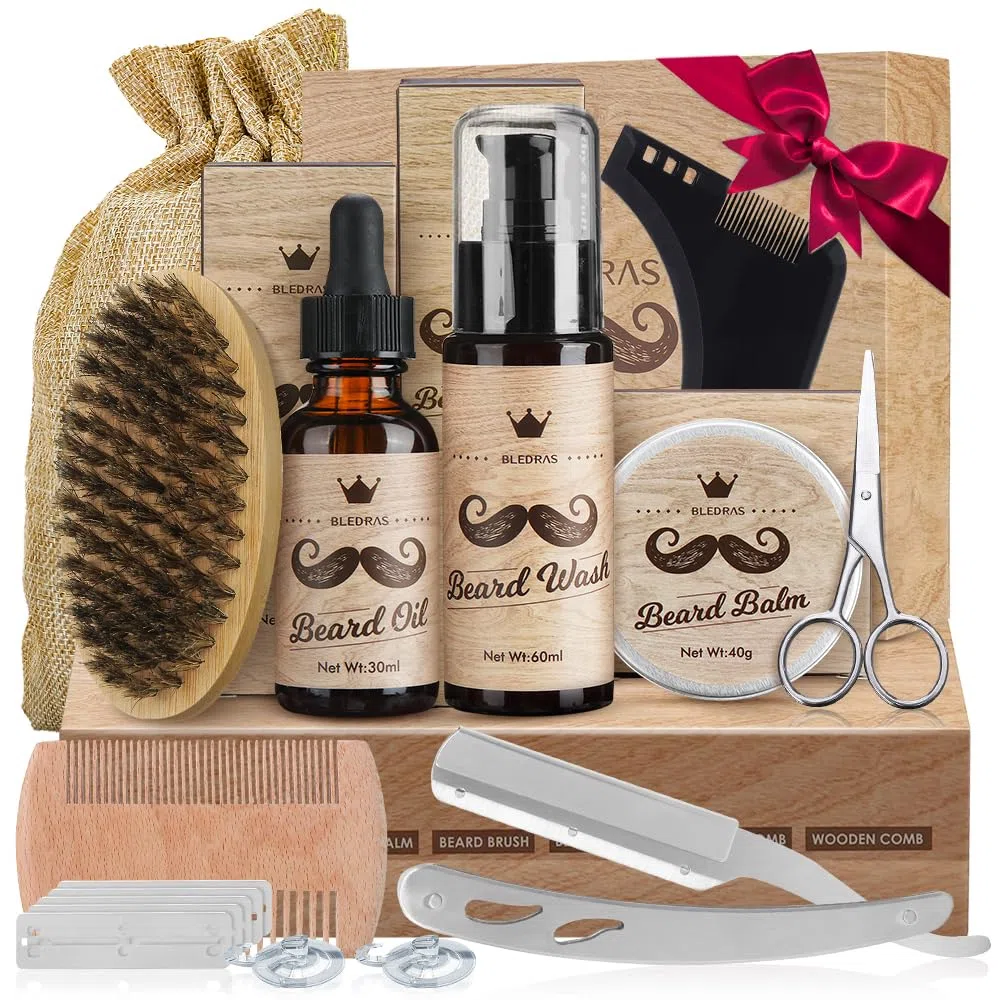 11 in 1 Barba Cura Set, Bledras Cura Della Barba Professionale per Uomo, con Olio da Barba, Balsamo Barba, Shampoo Barba, Rasoio Dritto, Forbici, Spazzola,Pettine, Kit Barba Uomo Regali per Lui e Papà