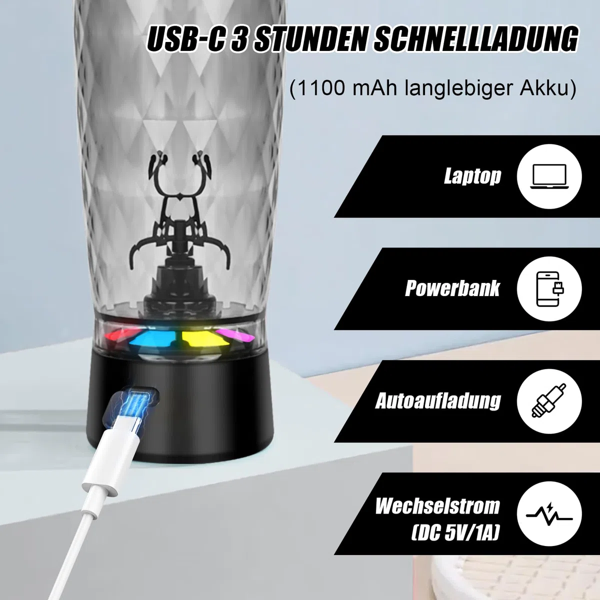 SOARFLY Shaker elettrico, 650ml shaker proteine elettrico, bottiglia per shaker per proteine ricaricabile USB C, shaker elettrico con scomparto per polvere, senza BPA, nero