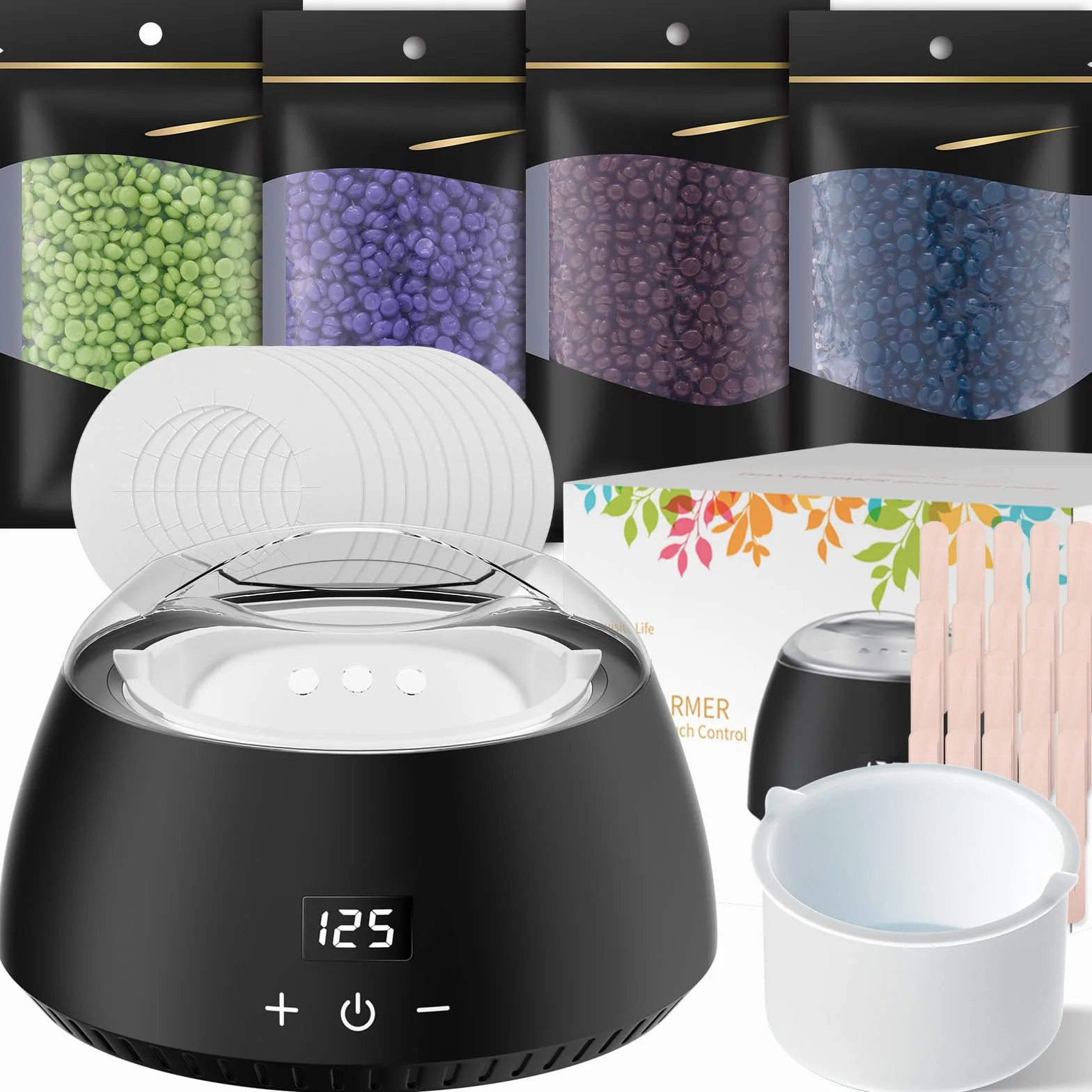 Cera Brasiliana Kit, Scaldacera Professionale per Depilazione, Siliconico Depilazione Barattolo con LCD Temperatura Regolabile (Nero, 21 * 21 * 15cm)