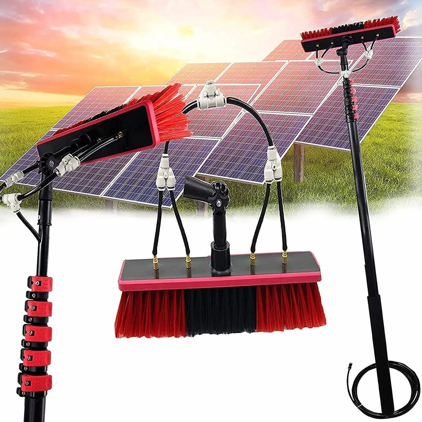 Kit de limpiador de ventanas telescóo con manguera de suministro de agua de 20 m, cepillo exteble para limpieza de techos de invernadero y mantenimiento de ventanas