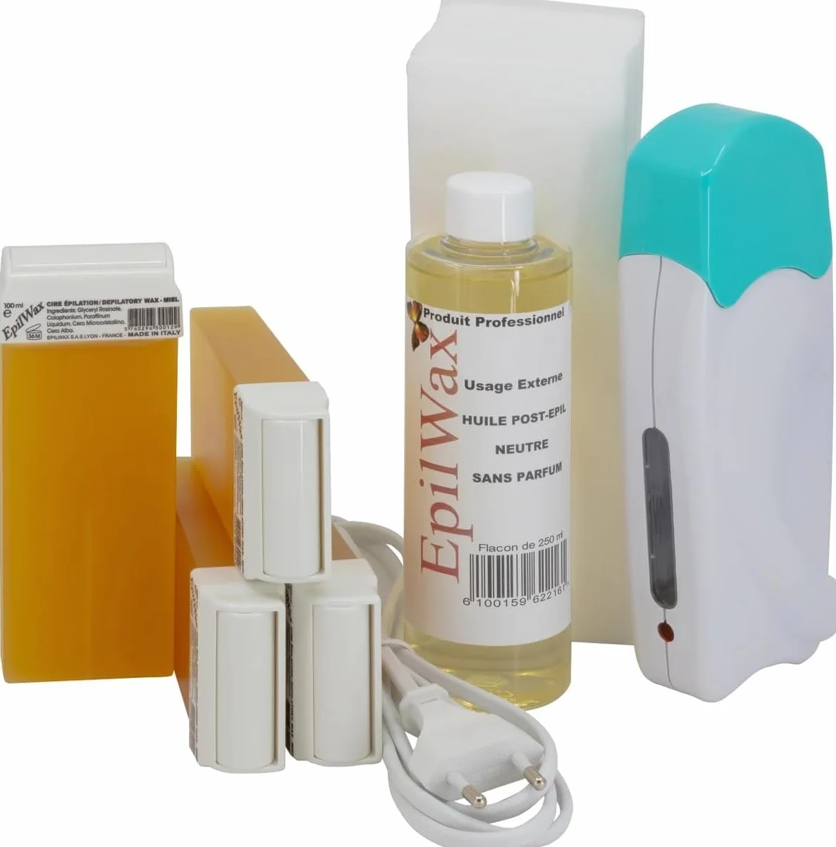 EpilWax - Kit completo di cera per depilazione con 4 cartucce roll-on e olio post-ceretta