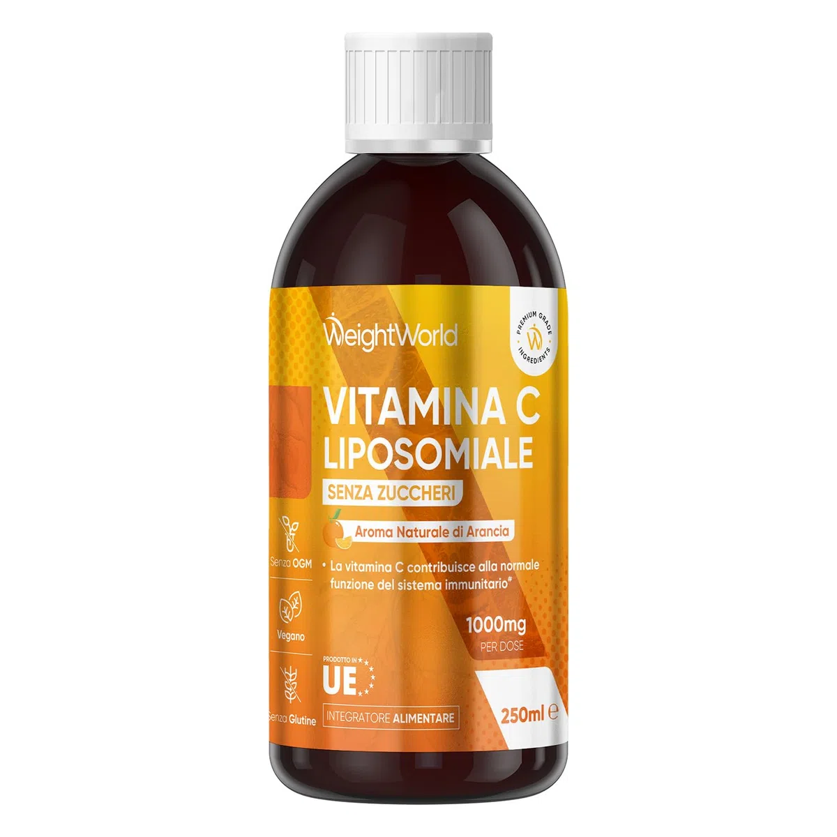 Vitamina C Liposomiale Vegan Liquida 250ml, Vitamina C 1000mg Alto Dosaggio, Stanchezza e Affaticamento, Aroma Naturale Arancia