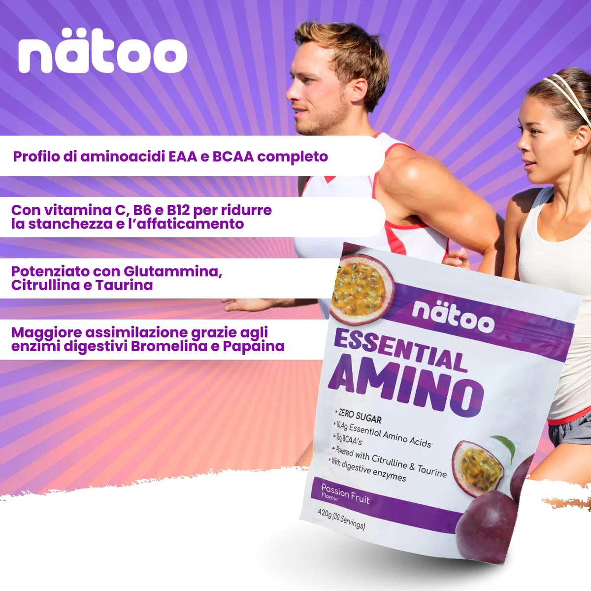 Nätoo Essential Amino Passion Fruit - Aminoacidi Essenziali in Polvere con BCAA, Vitamina C, B6, B12, Glutammina, Bromelina, Taurina, Citrullina - Prestazioni, Recupero al Top - Eaa Senza Zucchero