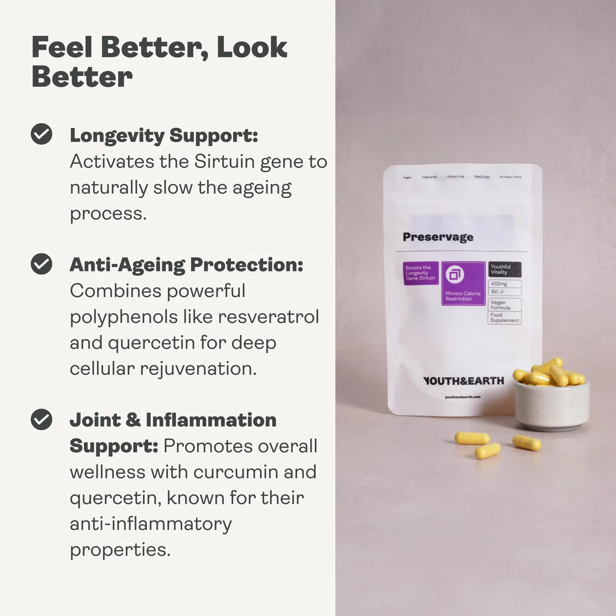 Youth & Earth Preservage | Miscela Di Resveratrolo, Curcumina, Quercetina E Bioperine | Integratore Naturale Anti-Età | Antiossidante ad Alto Potenziale | 60 Capsule Vegane | 410mg | Prodotto In UE