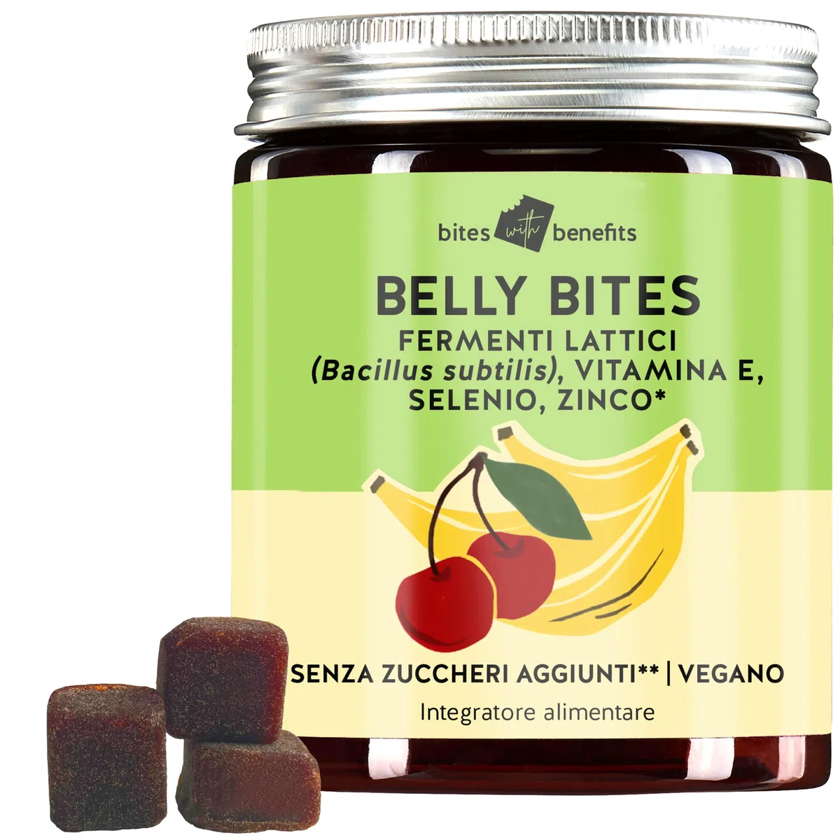 Belly Bites con fermenti lattici - di batteri intestinali per una sana digestione e benessere - Vitamina E, selenio, zinco - Senza zucchero e dolcificanti - 30 pezzi - Vegan - Bears with Benefits