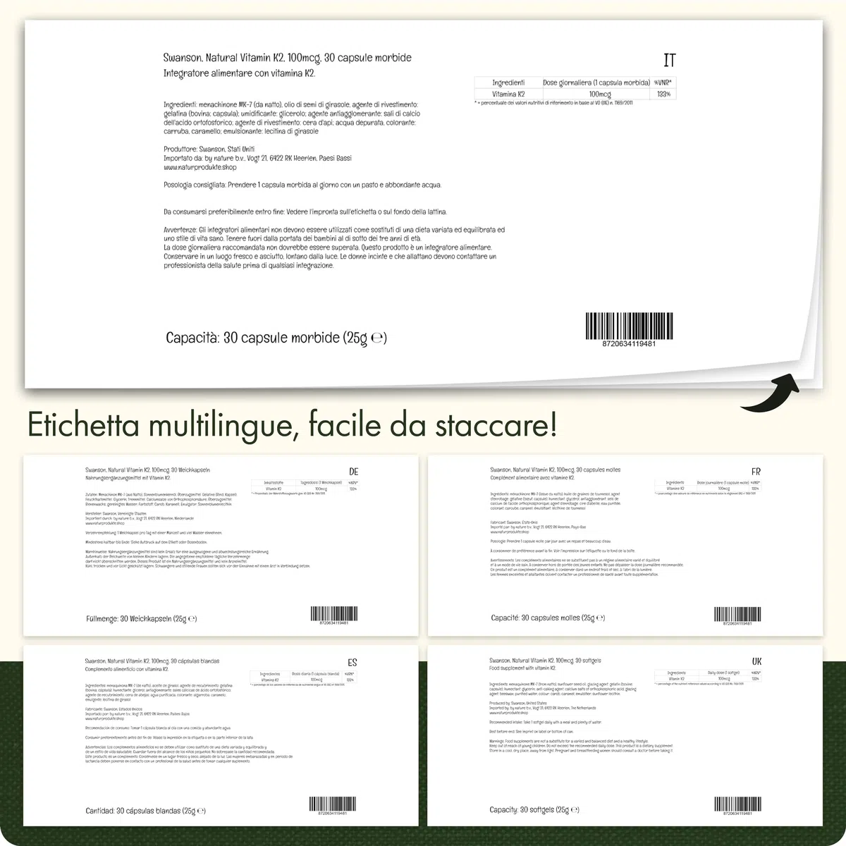 Swanson, Vitamina K2 (menachinone MK-7), 100mcg, 30 Capsule molli, Altamente Dosato, Testate in Laboratorio, Senza Soia, Senza Glutine, Non OGM