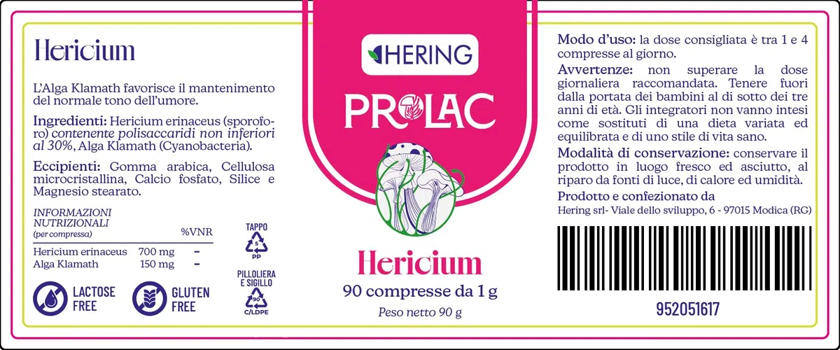 HERING PROLAC Hericium Integratore Alimentare con Alga Klamath, 90 Compresse da 1g